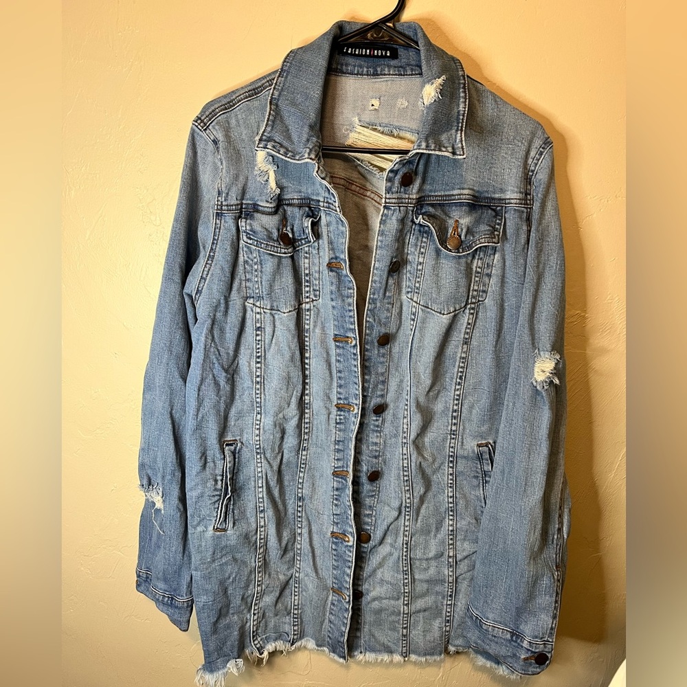 Fashion nova long distressed denim jacket